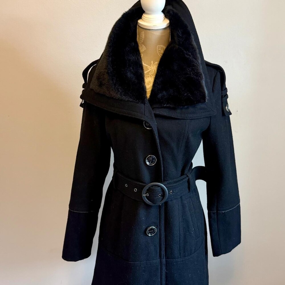 Miss Sixty M60 Black Wool Blend Belted Faux Fur Collar Coat S Y2K